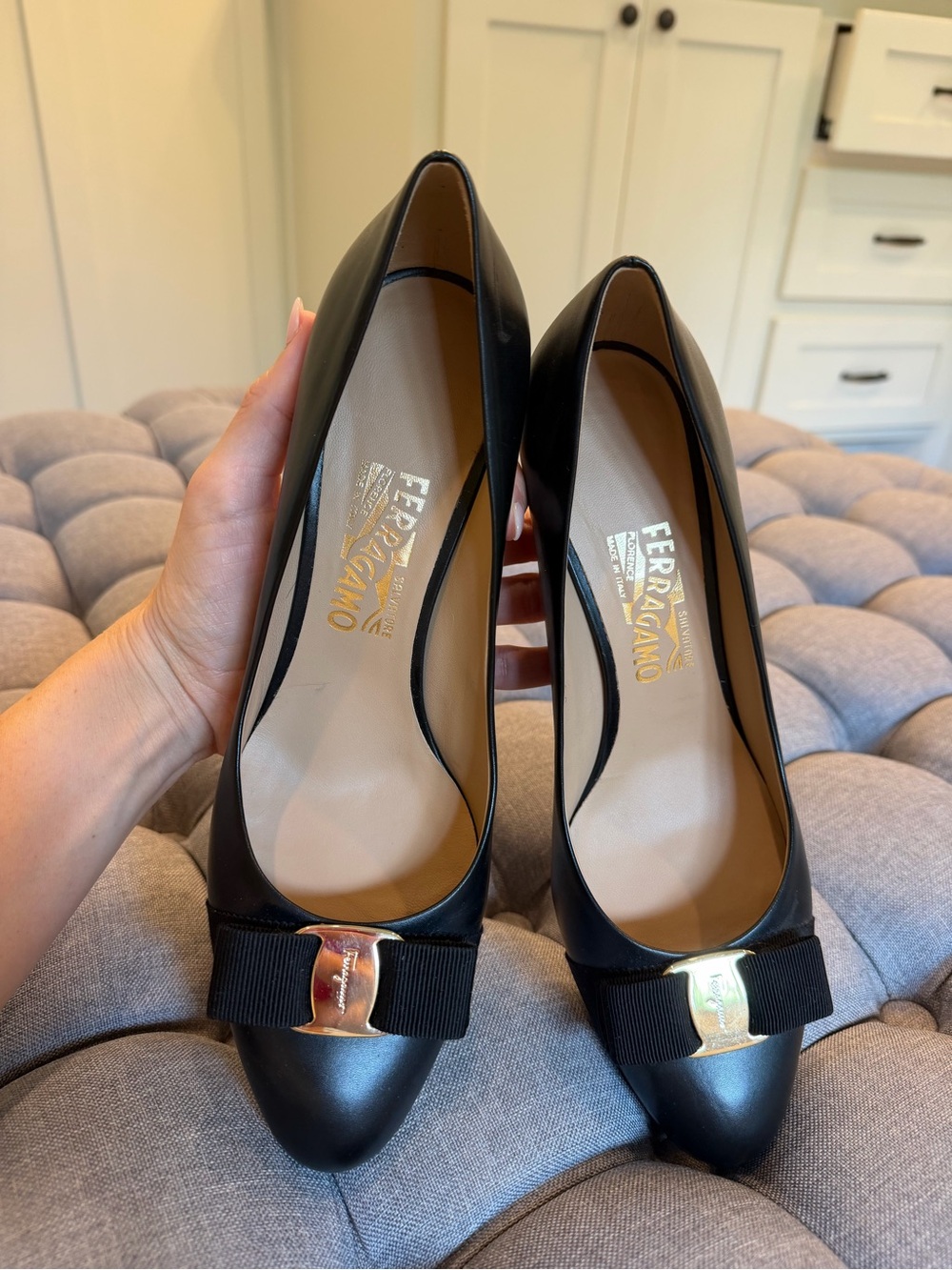 Salvatore Ferragamo Black Leather Pumps with Grosgrain Bow and Gold Buckle